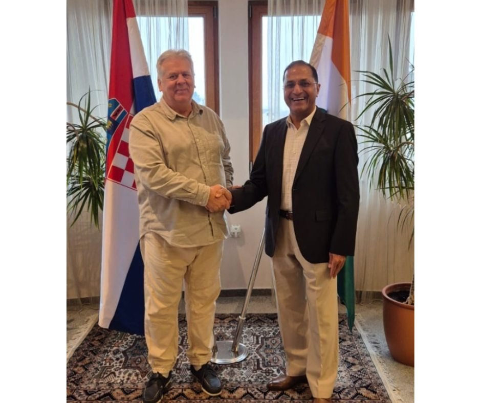 H.E. Mr. Arun Goel, Ambassador of India to Croatia, met with Mr. Jadranko Miklec, who has recently returned from India, where he was honoured with a prestigious award for his outstanding contribution to the promotion and development of yoga, personally conferred by the Hon’ble Prime Minister of India, Shri Narendra Modi. The Ambassador congratulated Mr. Miklec on this remarkable achievement. The meeting provided an opportunity to exchange experiences and insights, discuss future plans, and explore opportunities for cooperation in promoting yoga and cultural exchange, including an upcoming collaboration on yoga session for the diplomatic corps in Croatia.