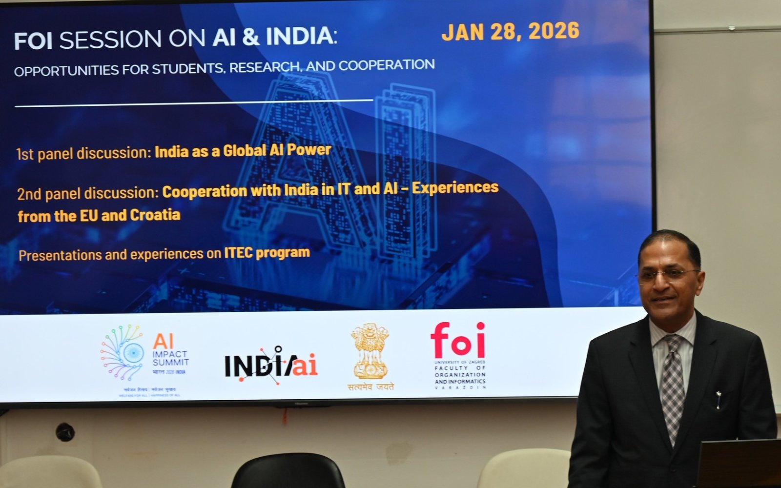 Thematic Session on AI and India - Opportunities for Collaboration including discussion on EU-India FTA The Faculty of Organization and Informatics (UNIZG FOI) in Varaždin hosted a dynamic thematic session and panel discussion titled “Thematic Session on AI & India – Opportunities for Collaboration” along with discussions on recently concluded India-EU FTA. The event was organised in cooperation with the Embassy of India in Zagreb, bringing together students, researchers, industry experts, academics, and public sector representatives.