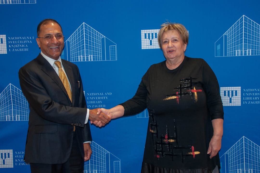 His Excellency Arun Goel visited the National and University Library in Zagreb, where he met with Director General Ivanka Stričević.   On this occasion, a valuable donation of books on India was presented, further strengthening cultural ties between the two countries.   During a guided tour of the Library, His Excellency was introduced to some of its most treasured collections, including the first printed Sanskrit grammar by Vezdin – a remarkable symbol of the long-standing cultural connections between Croatia and India.