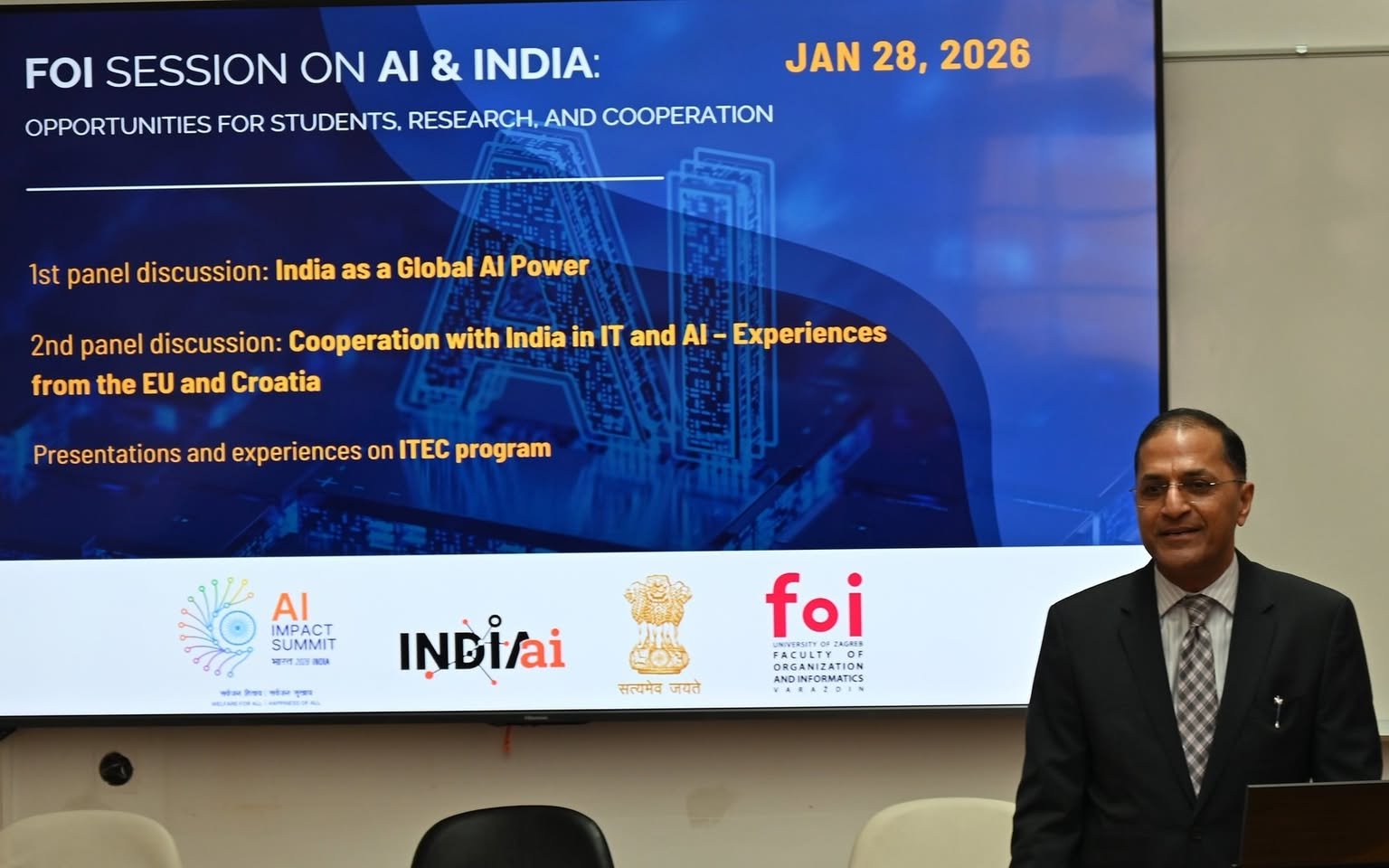 He Faculty of Organization and Informatics (UNIZG FOI) in Varaždin hosted a dynamic thematic session and panel discussion titled “Thematic Session on AI & India – Opportunities for Collaboration” along with discussions on recently concluded India-EU FTA. The event was organised in cooperation with the Embassy of India in Zagreb, bringing together students, researchers, industry experts, academics, and public sector representatives.