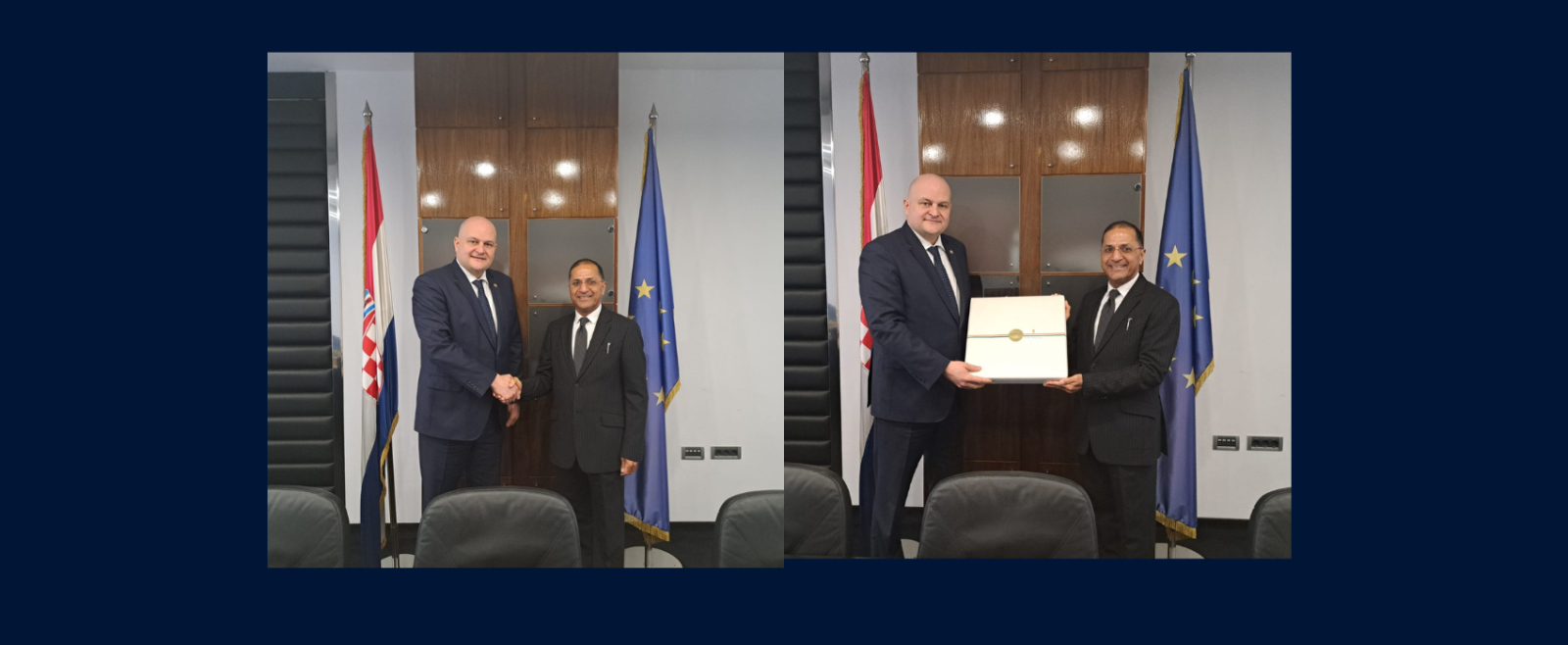 Hon’ble Minister of Economy Mr. Ante SuSnjar met with Arun Goel, Ambassador of India to Croatia.  The discussion highlighted the importance of further strengthening bilateral relations, with a focus on enhancing economic cooperation, trade relations, and exploring new opportunities for investment and collaboration between India and Croatia.