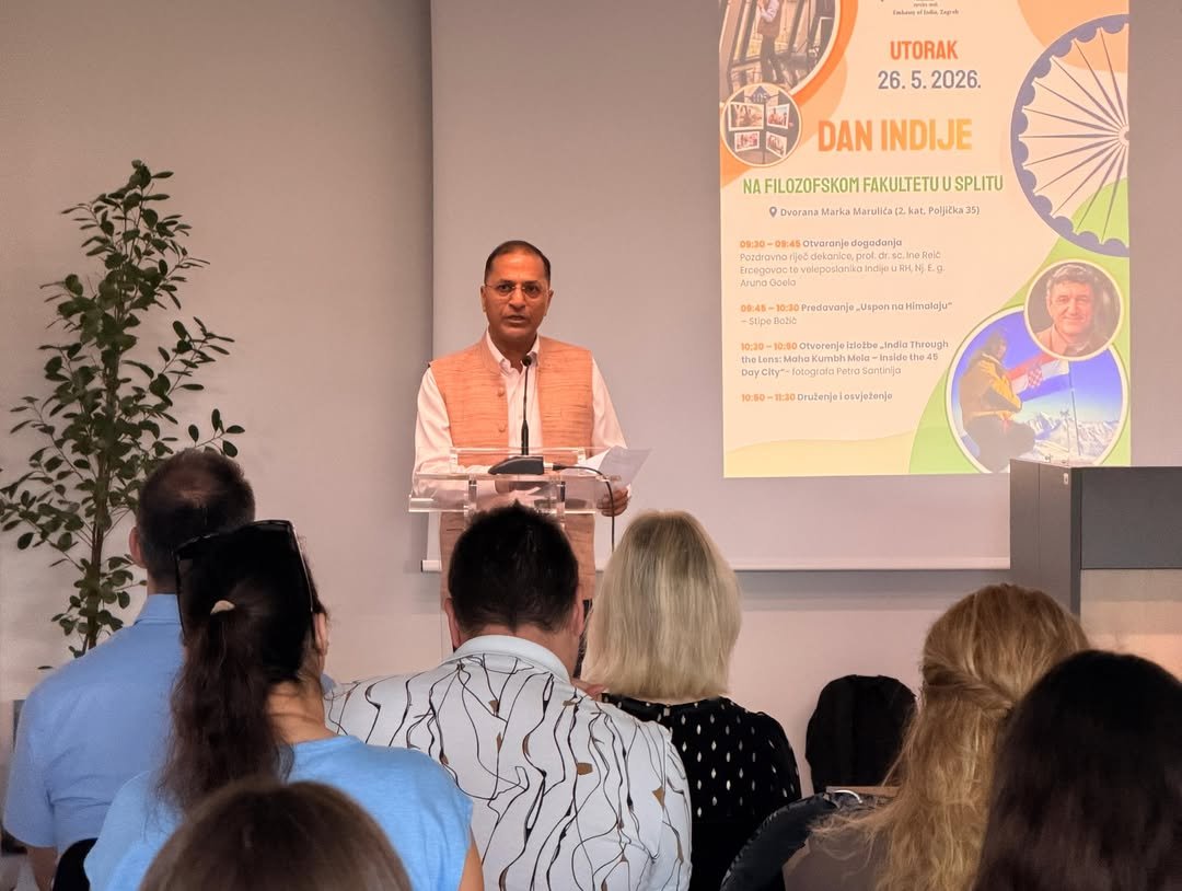 Yesterday, we marked the celebration of India Day at the Faculty of Humanities and Social Sciences in Split, an event that brought together enthusiasts of culture, travel, and academic cooperation in an atmosphere of inspiring exchange and dialogue.The programme was opened by the Ambassador of India to the Republic of Croatia, H.E. Arun Goel, together with the Dean of the Faculty, Prof. Ina Reić Ercegovac, highlighting the importance of strengthening cultural and educational ties between India and Croatia. Visitors had the opportunity to attend the inspiring lecture “Climbing the Himalayas” by renowned mountaineer Stipe Božić, as well as to explore the photo exhibition “India Through the Lens: Maha Kumbh Mela – Inside the 45-Day City” by photographer Petar Santini