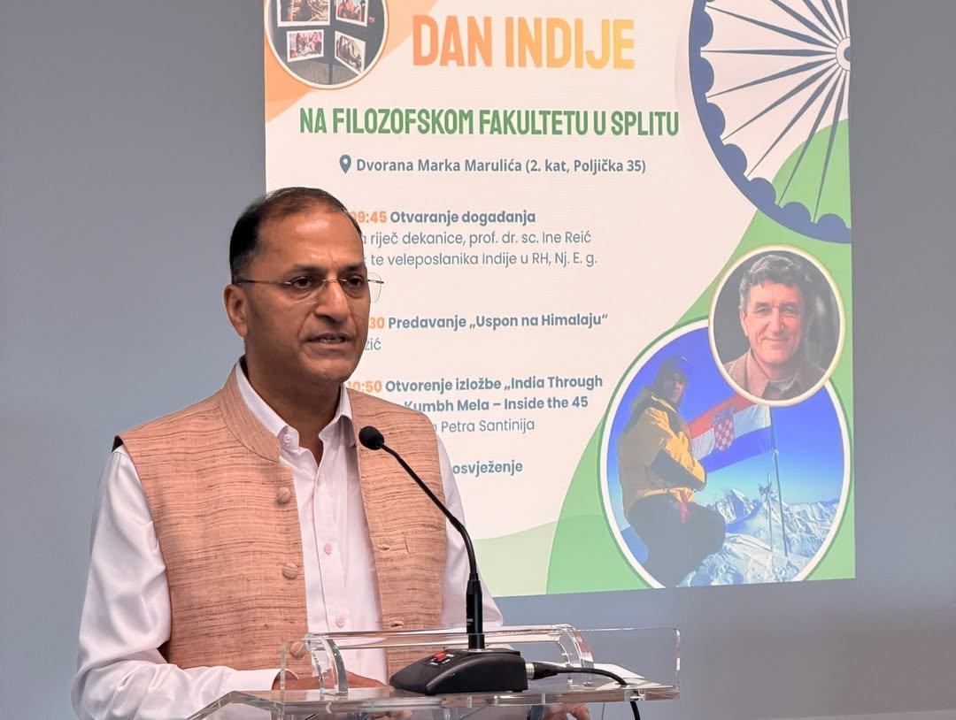 Yesterday, we marked the celebration of India Day at the Faculty of Humanities and Social Sciences in Split, an event that brought together enthusiasts of culture, travel, and academic cooperation in an atmosphere of inspiring exchange and dialogue.The programme was opened by the Ambassador of India to the Republic of Croatia, H.E. Arun Goel, together with the Dean of the Faculty, Prof. Ina Reić Ercegovac, highlighting the importance of strengthening cultural and educational ties between India and Croatia.   Visitors had the opportunity to attend the inspiring lecture “Climbing the Himalayas” by renowned mountaineer Stipe Božić, as well as to explore the photo exhibition “India Through the Lens: Maha Kumbh Mela – Inside the 45-Day City” by photographer Petar Santini