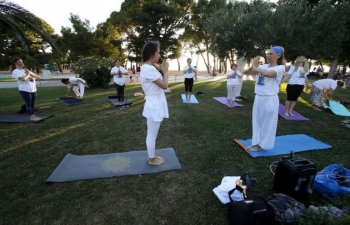 International Day of Yoga celebration in Makarska, Croatia on 27 June 2020