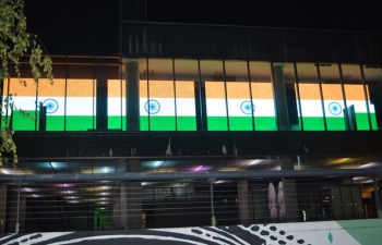 Digital display of Indian National Flag on the building of Museum of Contemporary Arts, Zagreb to commemorate 151st birth anniversary of Mahatma Gandhi from 28 Sept to 04 Oct