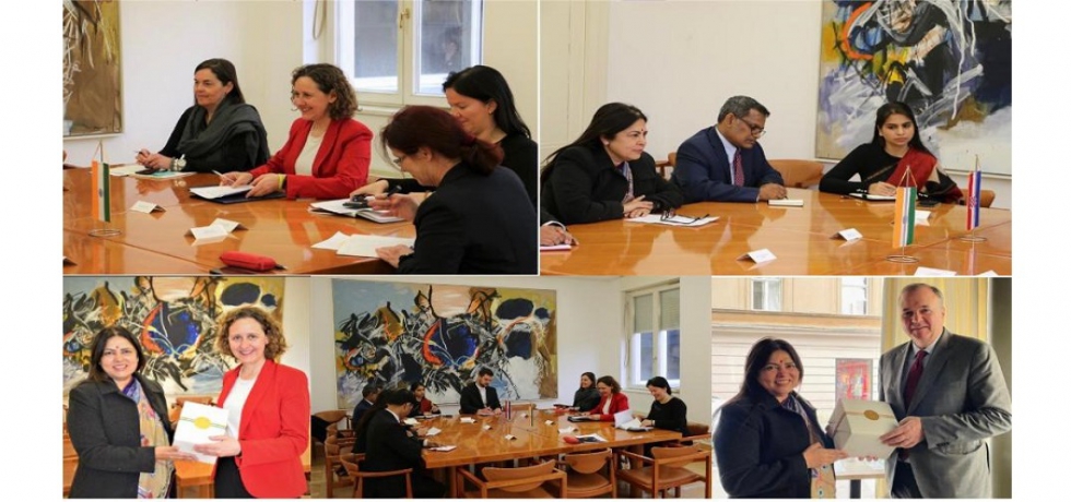 During official visit to Croatia from 15-17 April, 2023, Minister of State for External Affairs and Culture, Smt. Meenakashi Lekhi held discussions with the Culture and Media Minister of Croatia, Dr. Sc. Nina Obuljen Koržinek and State Secretary for Political Affairs, Ministry of Foreign and European Affairs, Mr. Frane Matušic.