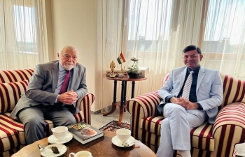 Ambassador Srivastava received H.E. Mr. Stjepan Mesić, Former President of Croatia prior to his 10th trip to #India. Mr. Mesić witnessed New India's transformation, especially in Uttar Pradesh, in his recent trips and is also looking forward to participating at the 24th International Conference of Chief Justices of the World organised by the City Montessori School in #Lucknow, #UttarPradesh. Ambassador Srivastava briefly conveyed to the former president that India's Digital Public Infrastructure (DPI) is empowering people in the largest democracy on the planet and highlighted that about 45% of the global digital transactions today take place in India. He also gifted a book on PM Narendra Modi to the former President.