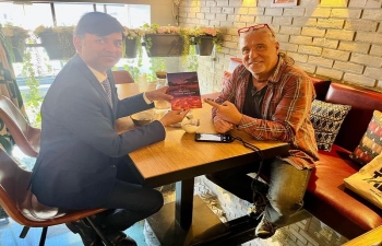 Ambassador Srivastava met with the Croatian singer & friend of India Goran Karan who presented him with a copy of his Croatian translation book of "Mathura Mahatmya" which shows his knowledge and devotion to Indian spiritual thought. 